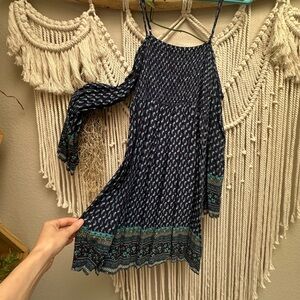 Cold-Shoulder Mini Dress in Navy with Teal Print